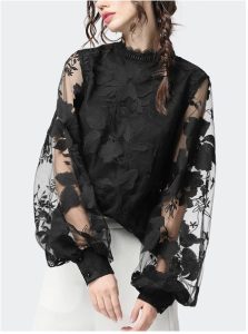 Lace Bubble Sleeves Transparent Round Neck Solid Color Top Shirt