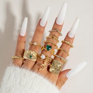 Retro Drip Oil Love Alloy Ring Set Geometric Hollow Serpentine Imitation Pearl Stacked Ring