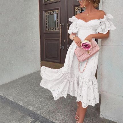Sexy one shoulder polka dot dress, long skirt
