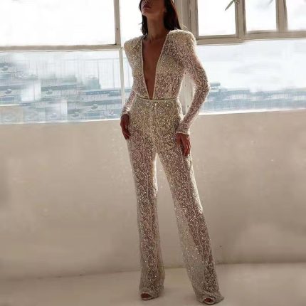 V-neck sexy gold sprinkled long sleeved pants sexy jumpsuit
