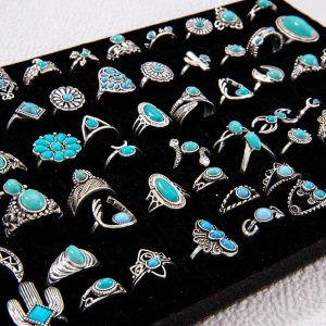 Fashionable retro turquoise ring, personalized ethnic style, oval cross geometric ring