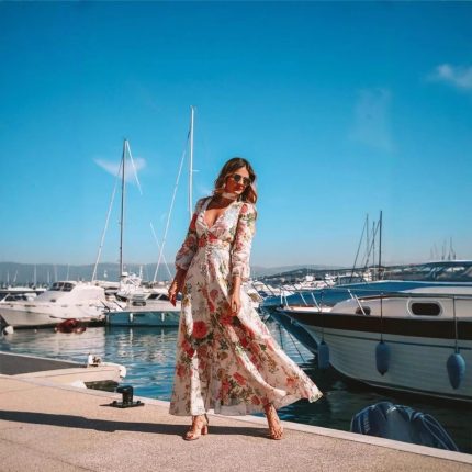 Romantic floral print deep V-neck long sleeved maxi dress with large swing