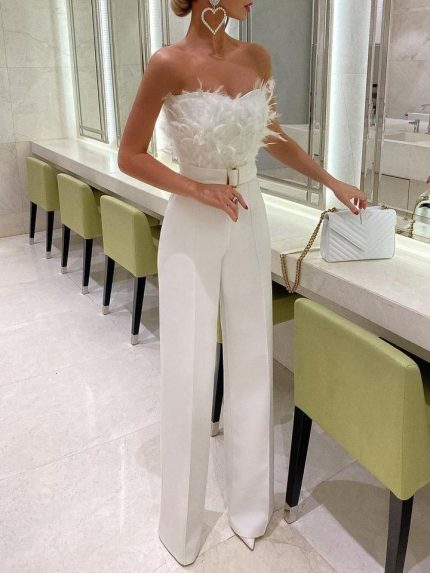 Spring and summer new independent station feather strapless sexy and fashionable jumpsuit