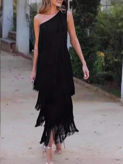 Spring and summer new tassel slanted shoulder asymmetrical dress evening gown