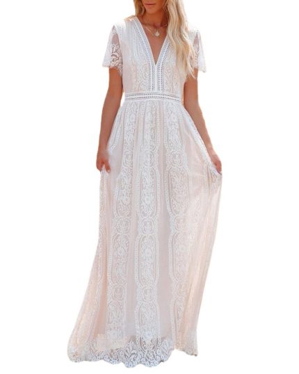 Thin gauze dress, European and American foreign trade, deep V-neck pullover wedding dress, long skirt