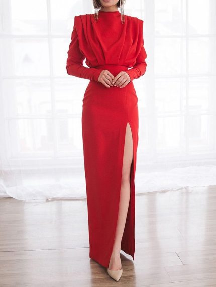 Summer fashion dress, European and American foreign trade high neck pullover, slit long skirt