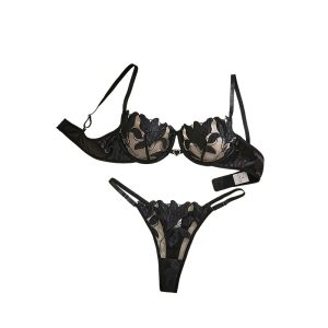 Hot selling plus size emotional fun lingerie transparent flower embroidery sexy pure desire lingerie set